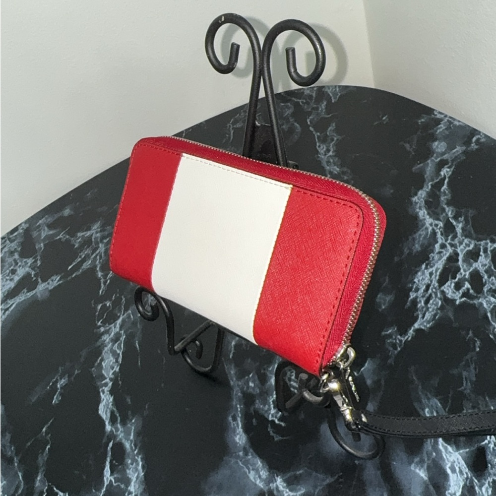Michael Kors Large Wallet Wristlet Clutch Leather Zip Red White AUTHENTIC - Picture 3 of 9